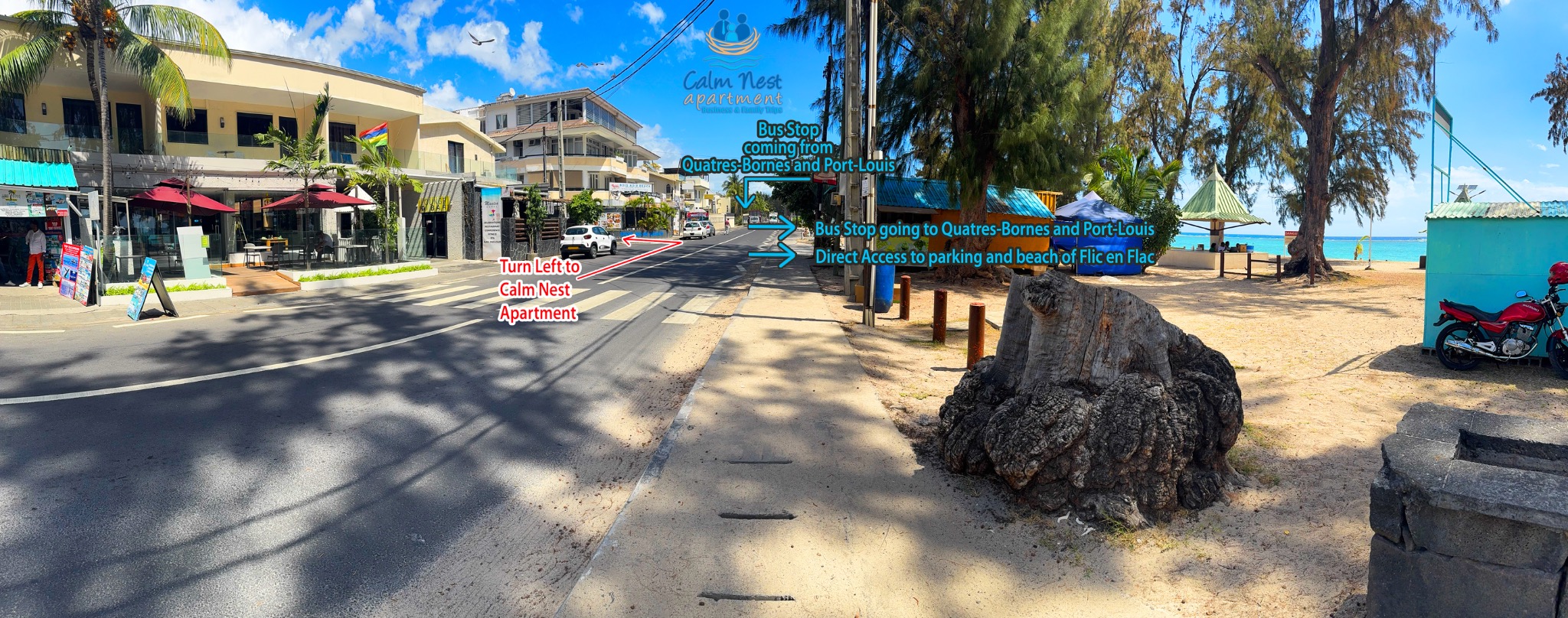 Beach and coastal-road access.