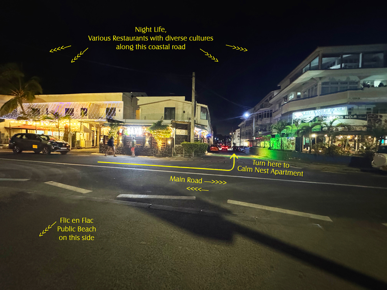 Night-time directions from the coastal road.